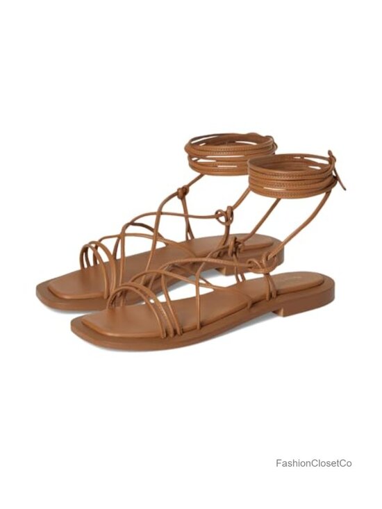 Shoes - Leather Gladiator Flat Sandals Adjustable Ankle Wrap Cushioned Footbed